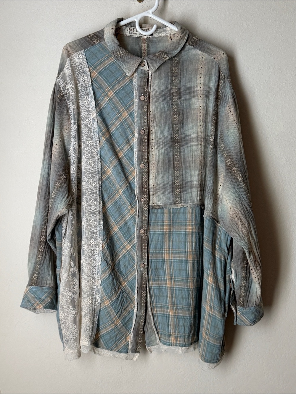 Bad Little Country Girl Tina Boho Patchwork Button-Up Jacket blouse– Blue/Gray